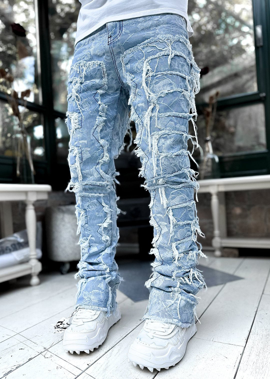 Men trousers individual patched pants with tight fit and stacked jeans style
