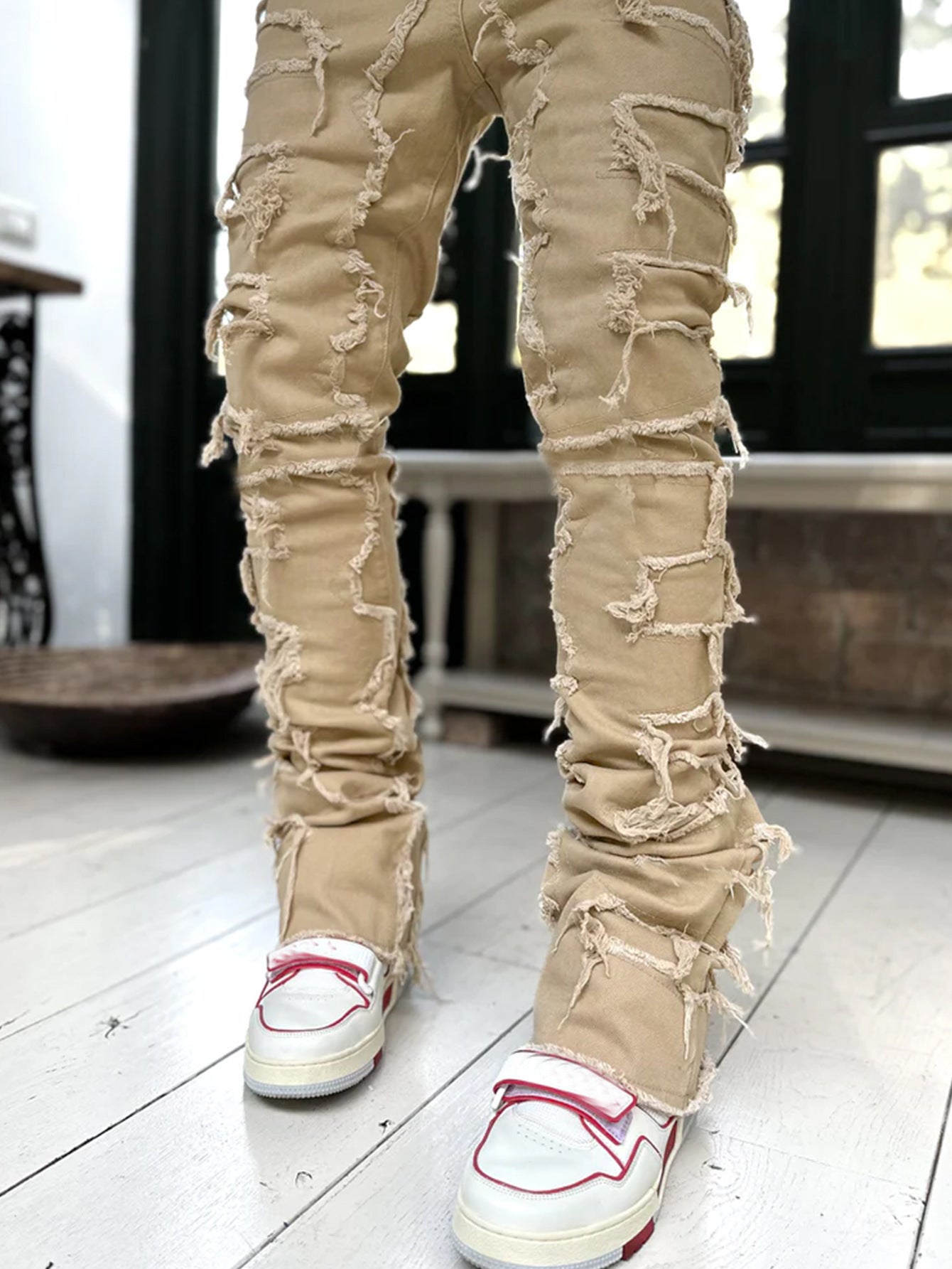 Men trousers individual patched pants with tight fit and stacked jeans style