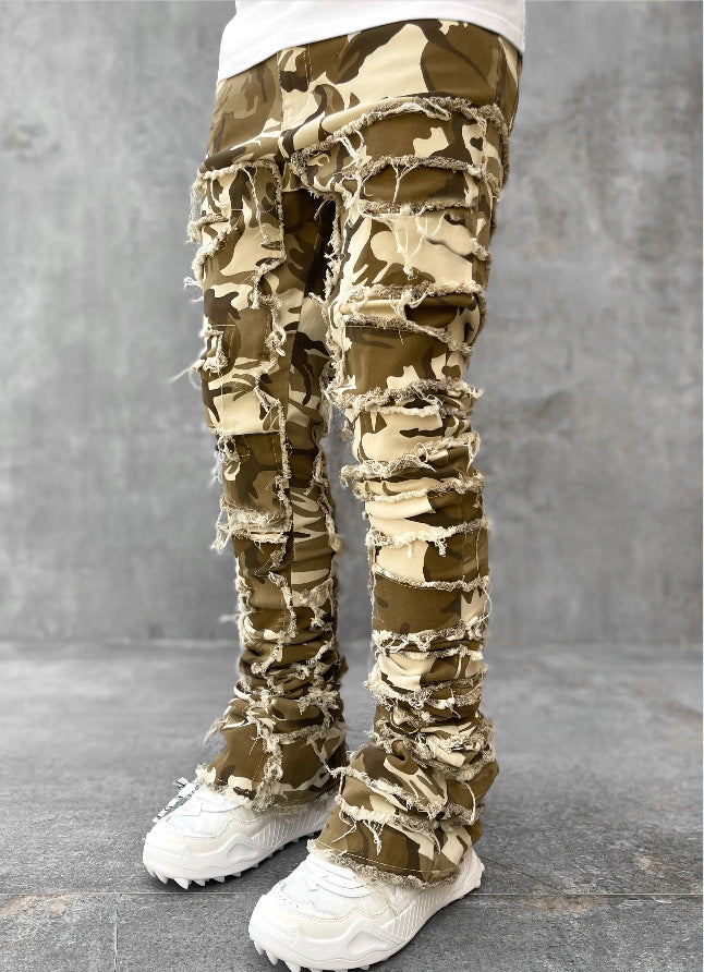 Men trousers individual patched pants with tight fit and stacked jeans style