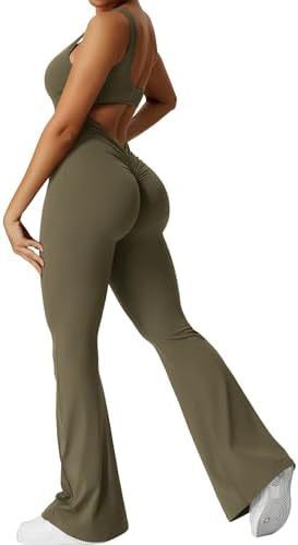 Women Sleeveless Flare Jumpsuits with yoga-ready fit and flared long pants green