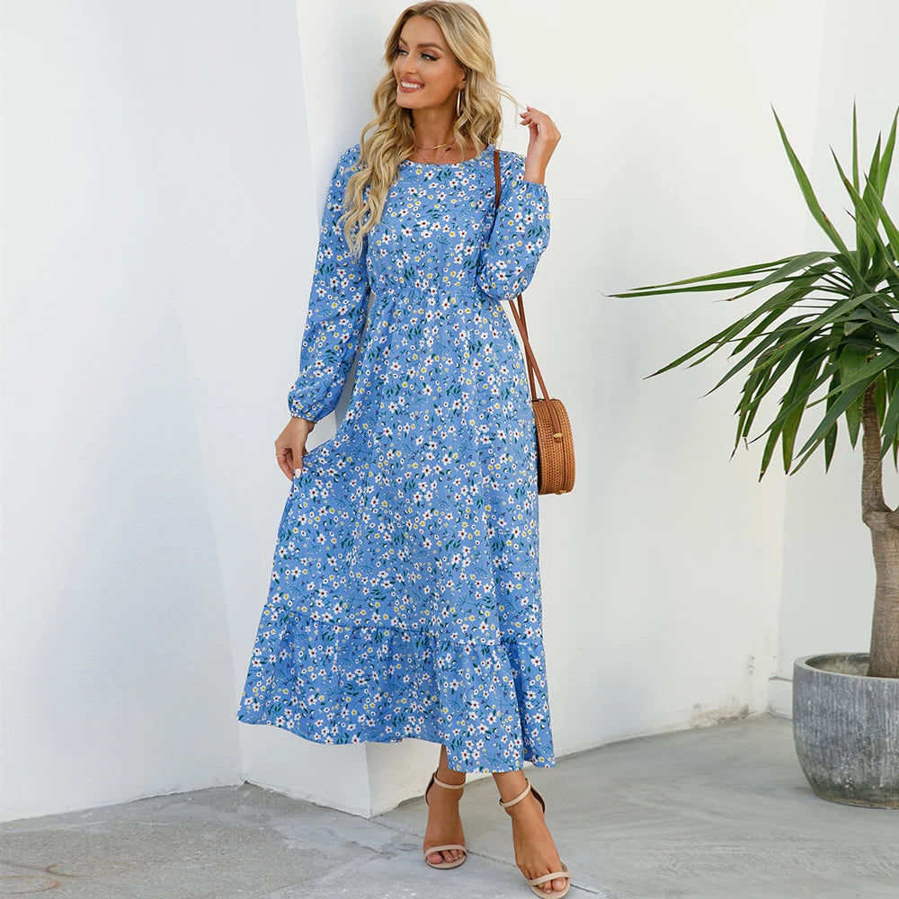 Elegant Women Maxi Dress – Casual Floral Long Sleeve Dress