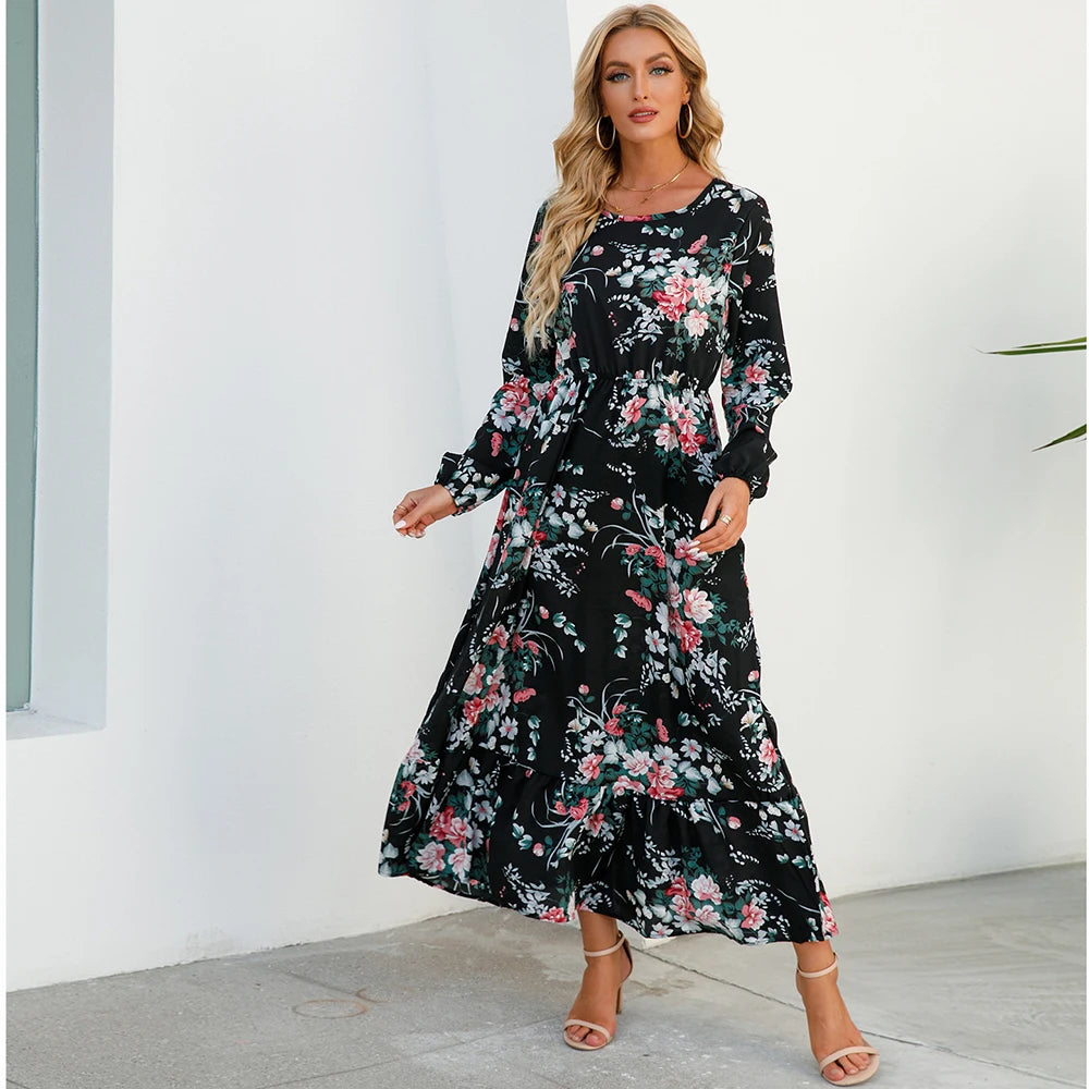 Elegant Women Maxi Dress – Casual Floral Long Sleeve Dress