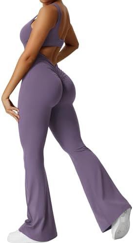 Women Sleeveless Flare Jumpsuits with yoga-ready fit and flared long pants