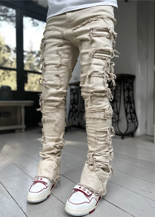 Men trousers individual patched pants with tight fit and stacked jeans style
