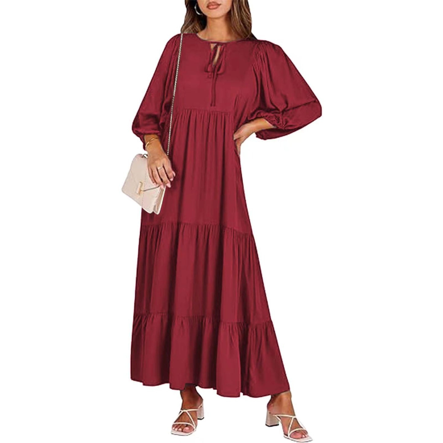 Summer women’s vintage printed bohemian dress with V-neck and loose maxi fit
