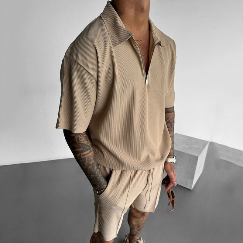 Summer Fashion Mens Clothing clothing set with zipper polo shirt and drawstring shorts