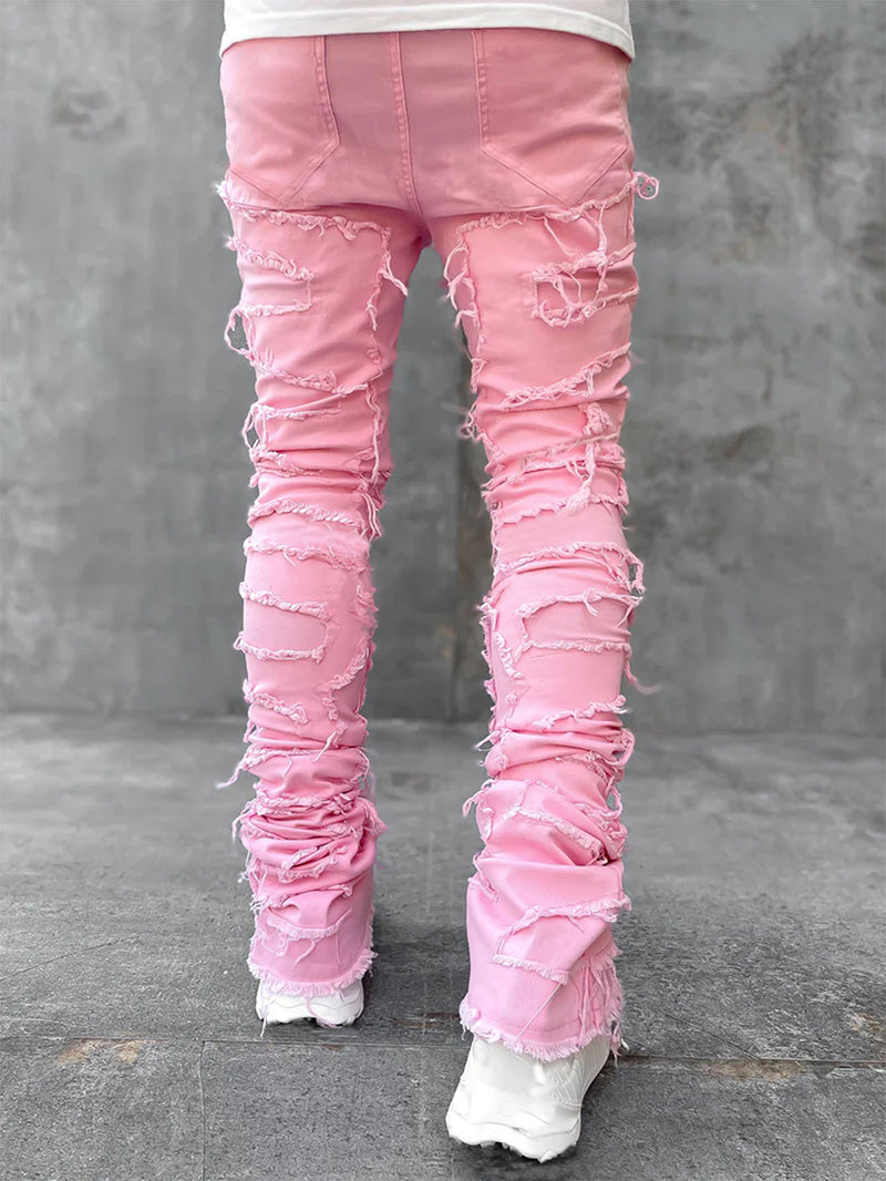 Men trousers individual patched pants with tight fit and stacked jeans style