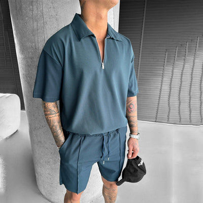 Summer Fashion Mens Clothing clothing set with zipper polo shirt and drawstring shorts