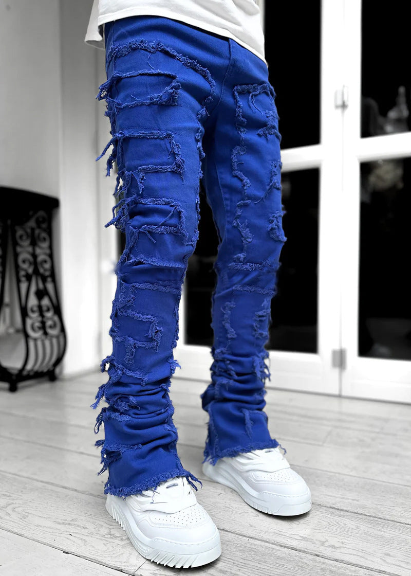 Men trousers individual patched pants with tight fit and stacked jeans style