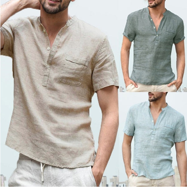 Casual linen solid color shirt with V-neck and loose beach fit for men
