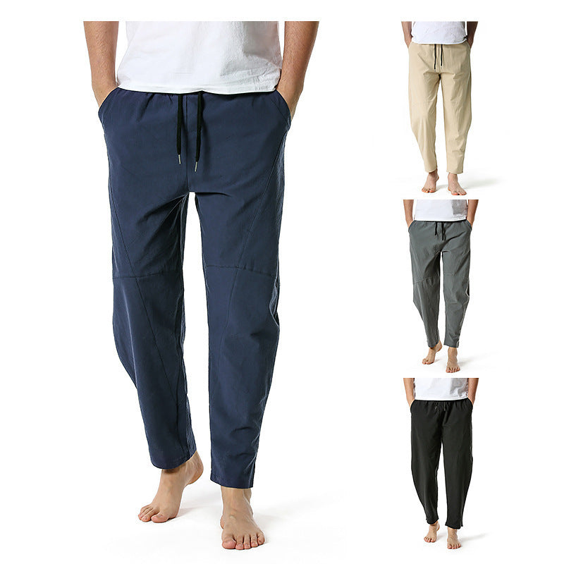 Men's linen cotton loose casual pants with straight leg and solid color design