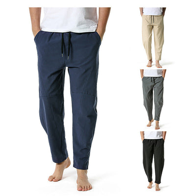 Men's linen cotton loose casual pants with straight leg and solid color design