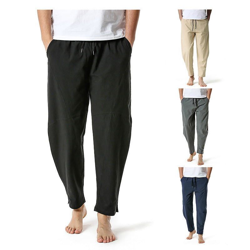 Men's linen cotton loose casual pants with straight leg and solid color design