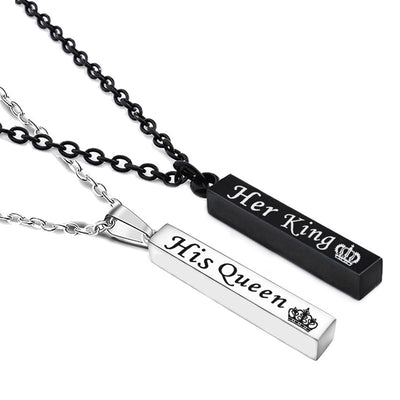 Crown Her King His Queen bar pendant couple necklace in stainless steel