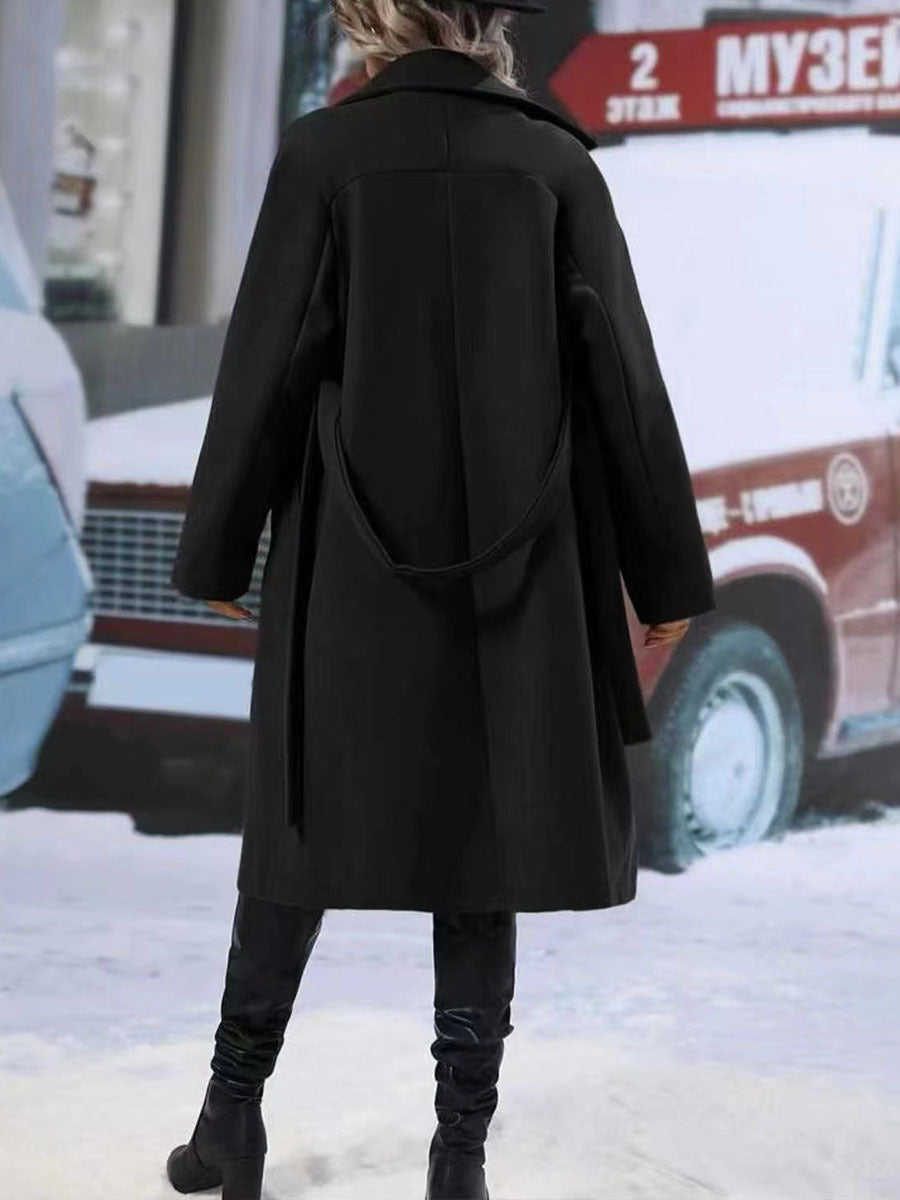 Lapel double-breasted trench coat with belt and long winter design for women