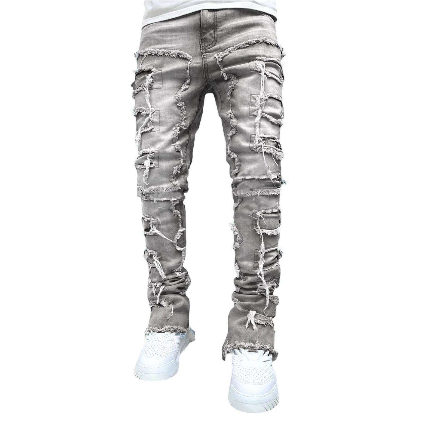 Men trousers individual patched pants with tight fit and stacked jeans style