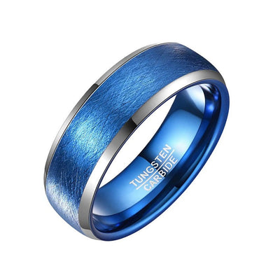 Curved surface electroplated tungsten steel ring with brushed blue finish
