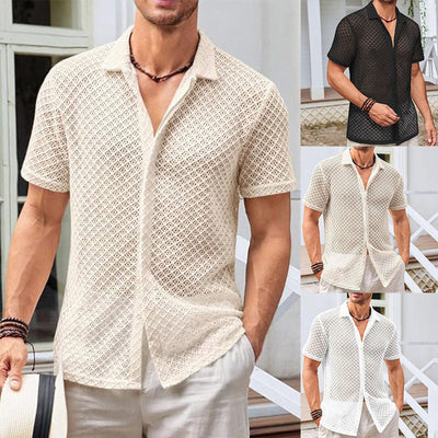 Summer mesh lapel shirt men’s short sleeve beach top in solid color