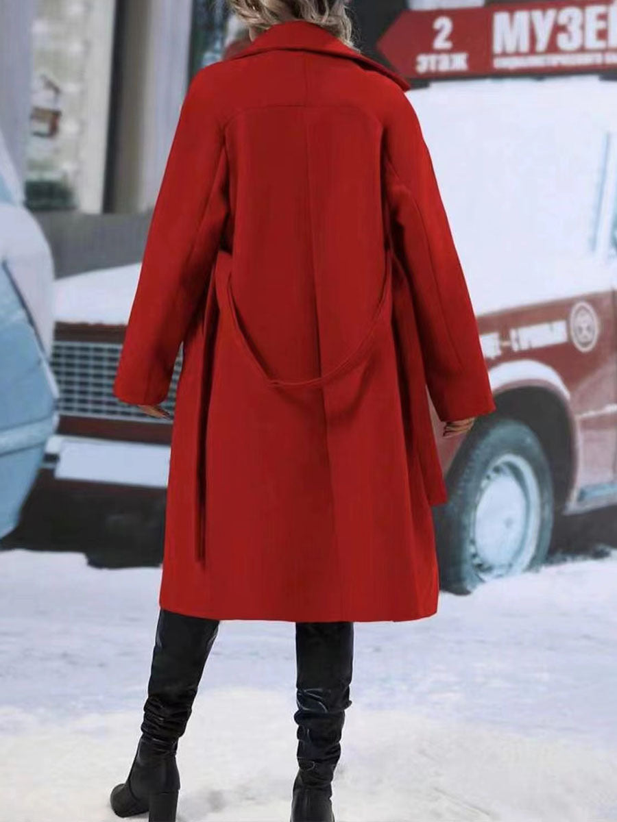 Lapel double-breasted trench coat with belt and long winter design for women