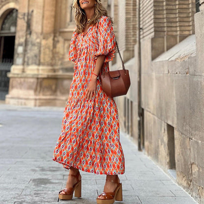 Summer women’s vintage printed bohemian dress with V-neck and loose maxi fit