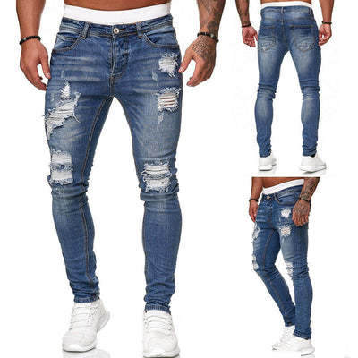 Ripped skinny jeans men’s slim fit vintage wash street style denim pants