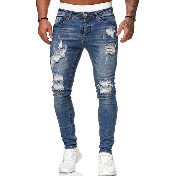 Ripped skinny jeans men’s slim fit vintage wash street style denim pants