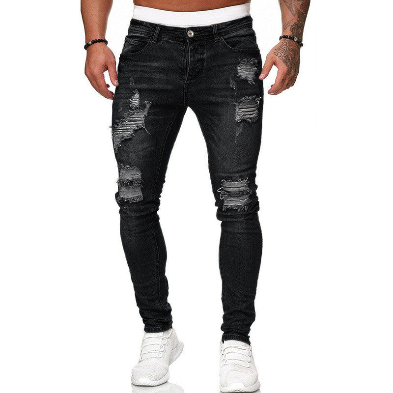 Ripped skinny jeans men’s slim fit vintage wash street style denim pants