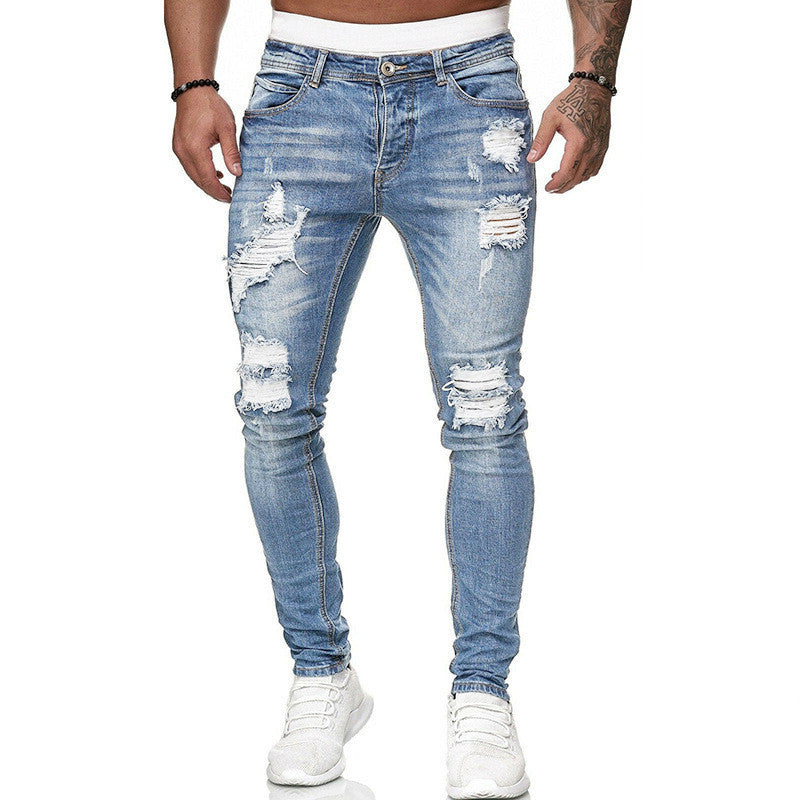 Ripped skinny jeans men’s slim fit vintage wash street style denim pants