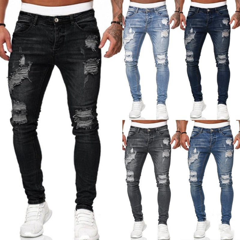 Ripped skinny jeans men’s slim fit vintage wash street style denim pants