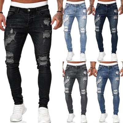Ripped skinny jeans men’s slim fit vintage wash street style denim pants