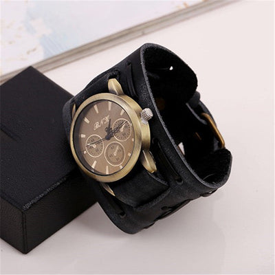 Retro cowhide watches men’s punk leather strap wristwatch with steel case