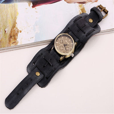 Retro cowhide watches men’s punk leather strap wristwatch with steel case