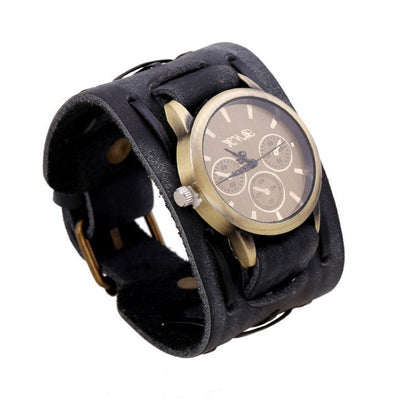 Retro cowhide watches men’s punk leather strap wristwatch with steel case