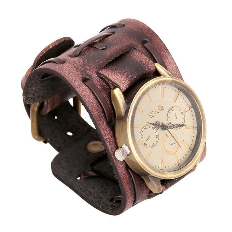 Retro cowhide watches men’s punk leather strap wristwatch with steel case