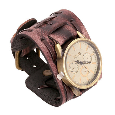 Retro cowhide watches men’s punk leather strap wristwatch with steel case