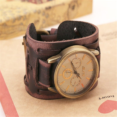 Retro cowhide watches men’s punk leather strap wristwatch with steel case
