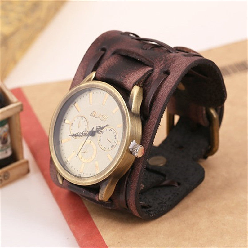 Retro cowhide watches men’s punk leather strap wristwatch with steel case