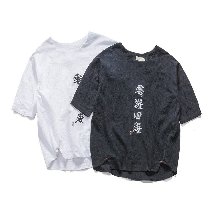 Round neck pullover embroidered T shirt men’s linen short sleeve casual fit