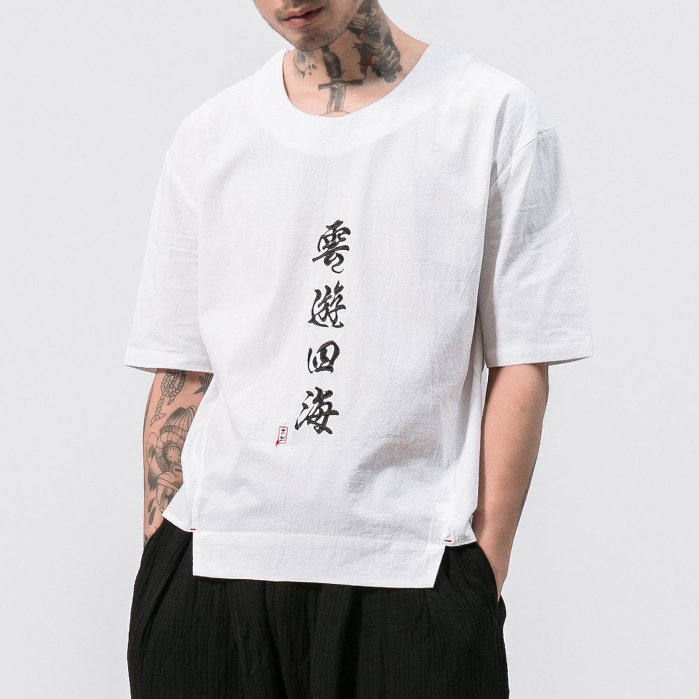 Round neck pullover embroidered T shirt men’s linen short sleeve casual fit