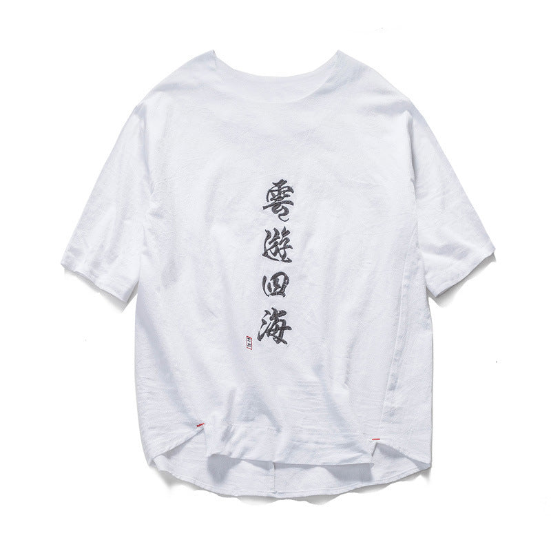 Round neck pullover embroidered T shirt men’s linen short sleeve casual fit