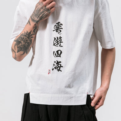 Round neck pullover embroidered T shirt men’s linen short sleeve casual fit