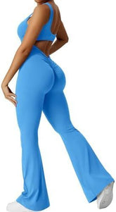 Women Sleeveless Flare Jumpsuits with yoga-ready fit and flared long pants blue
