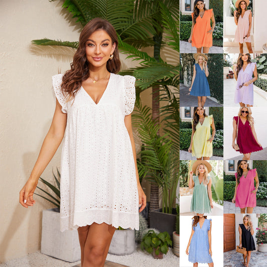 Lace dresses with pocket, sleeveless jacquard cutout V-neck summer beachwear