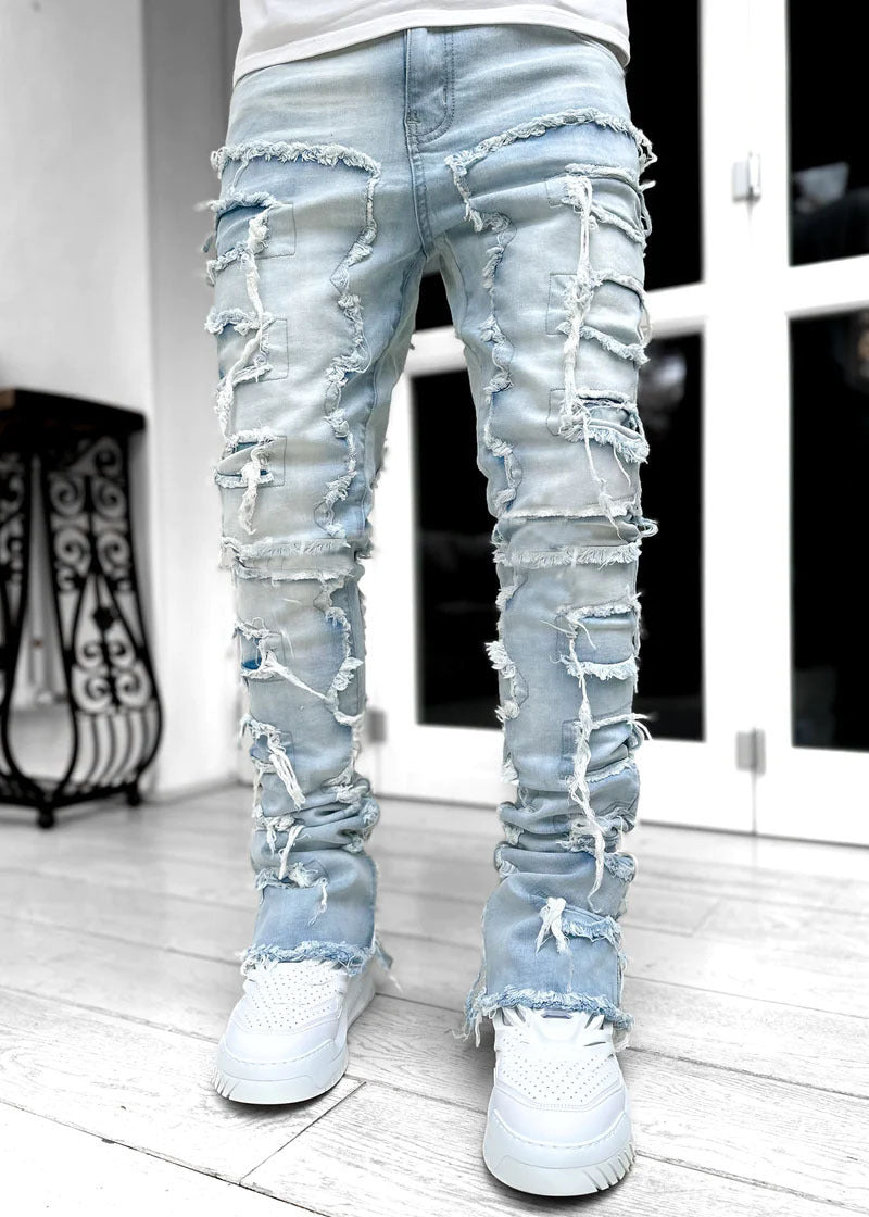 Men trousers individual patched pants with tight fit and stacked jeans style
