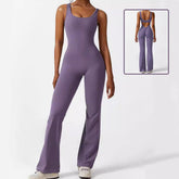 Women Sleeveless Flare Jumpsuits with yoga-ready fit and flared long pants