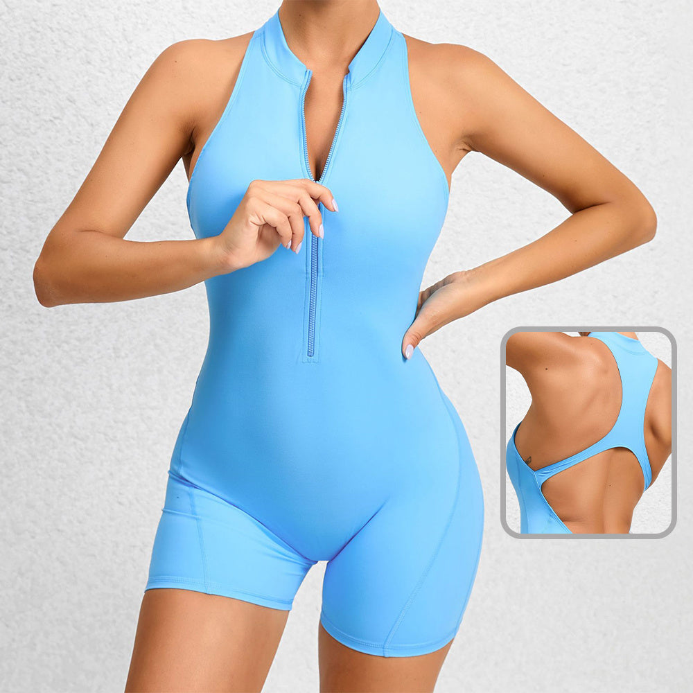 Zippered yoga shorts jumpsuit with tummy control and butt-lifting fit