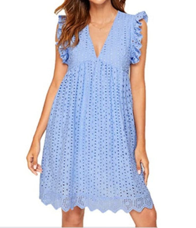 Lace dresses with pocket, sleeveless jacquard cutout V-neck summer beachwear