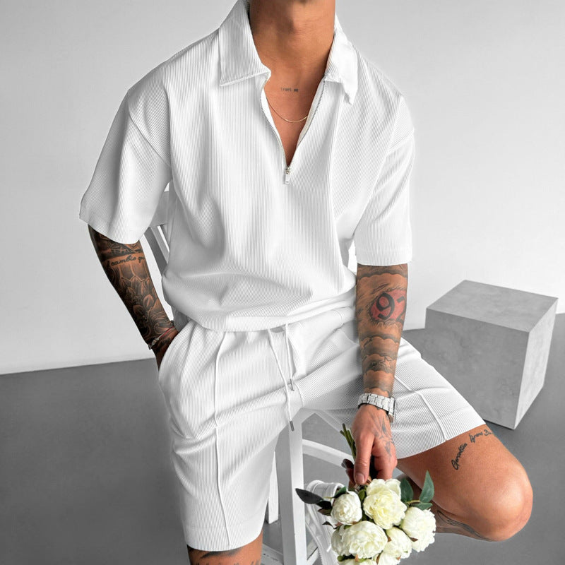 Summer Fashion Mens Clothing clothing set with zipper polo shirt and drawstring shorts