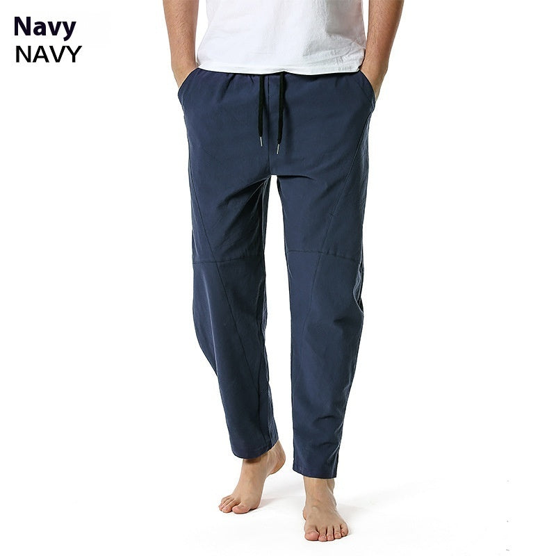 Men's linen cotton loose casual pants with straight leg and solid color design
