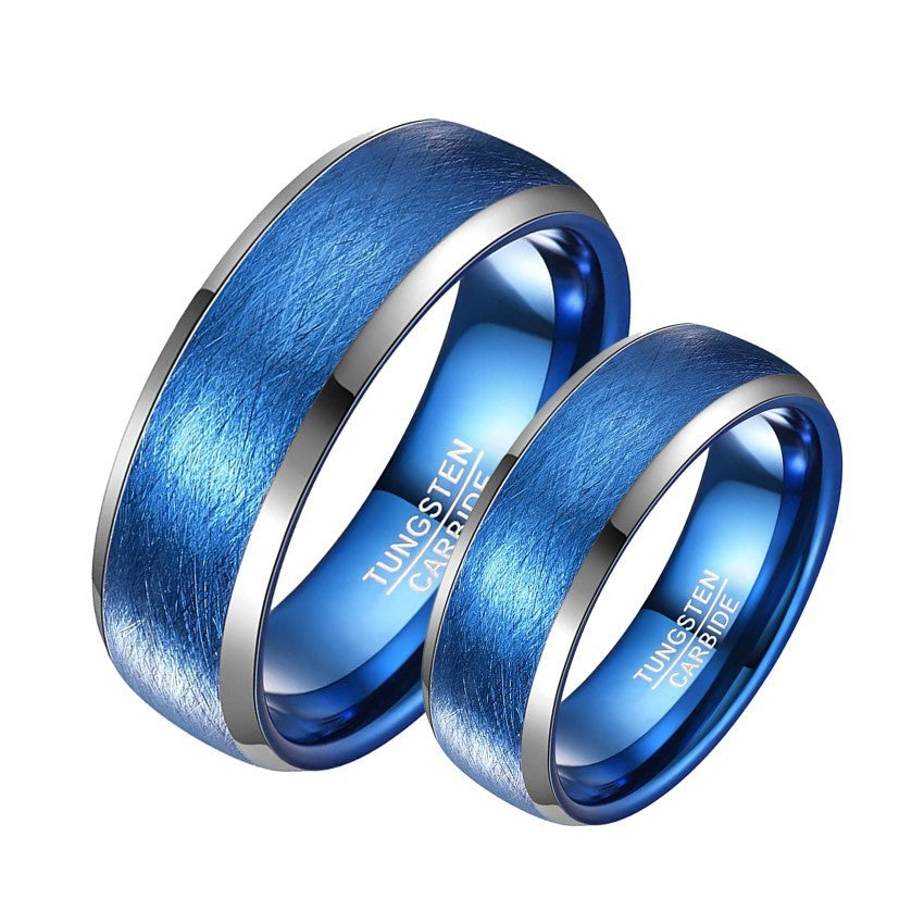 Curved surface electroplated tungsten steel ring with brushed blue finish